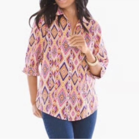 Chico’s No-Iron 100% Linen Multi-Colored Diamond Printed Blouse Sz. 3 (US XL/16) - Picture 4 of 14